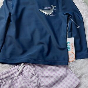 Navy Whale Rash Guard and Purple Checkered Swim Shorts